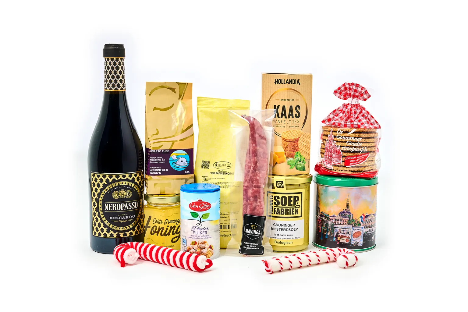 Kerstpakket met wijn, Groningse mosterdsoep, honing, kaaswafeltjes en stroopwafels