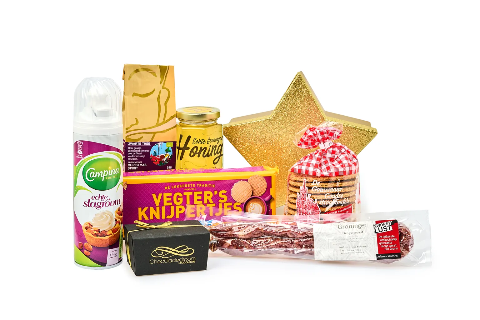 Lokaal kerstpakket met Groningse honing, thee, stroopwafels en andere producten